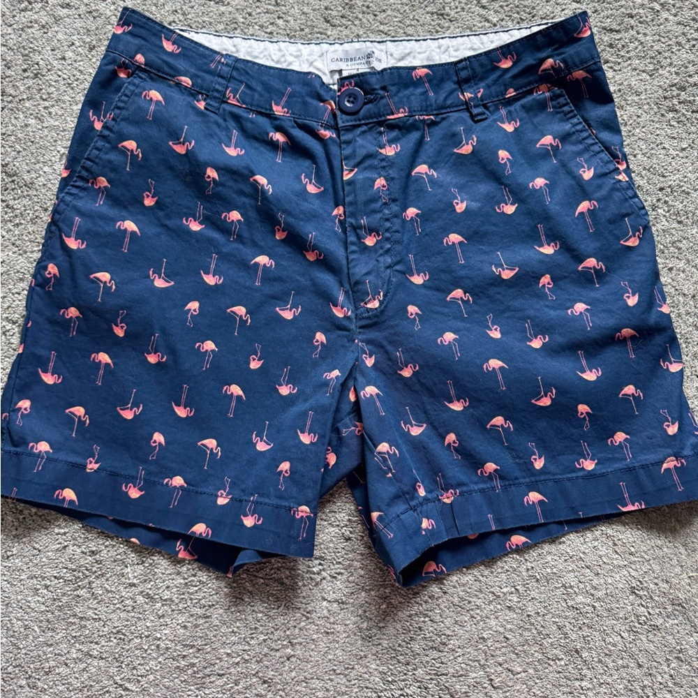 Caribbean Joe Pink Flamingo Print And Navy Classic Fit Shorts Women’s Sz 4
